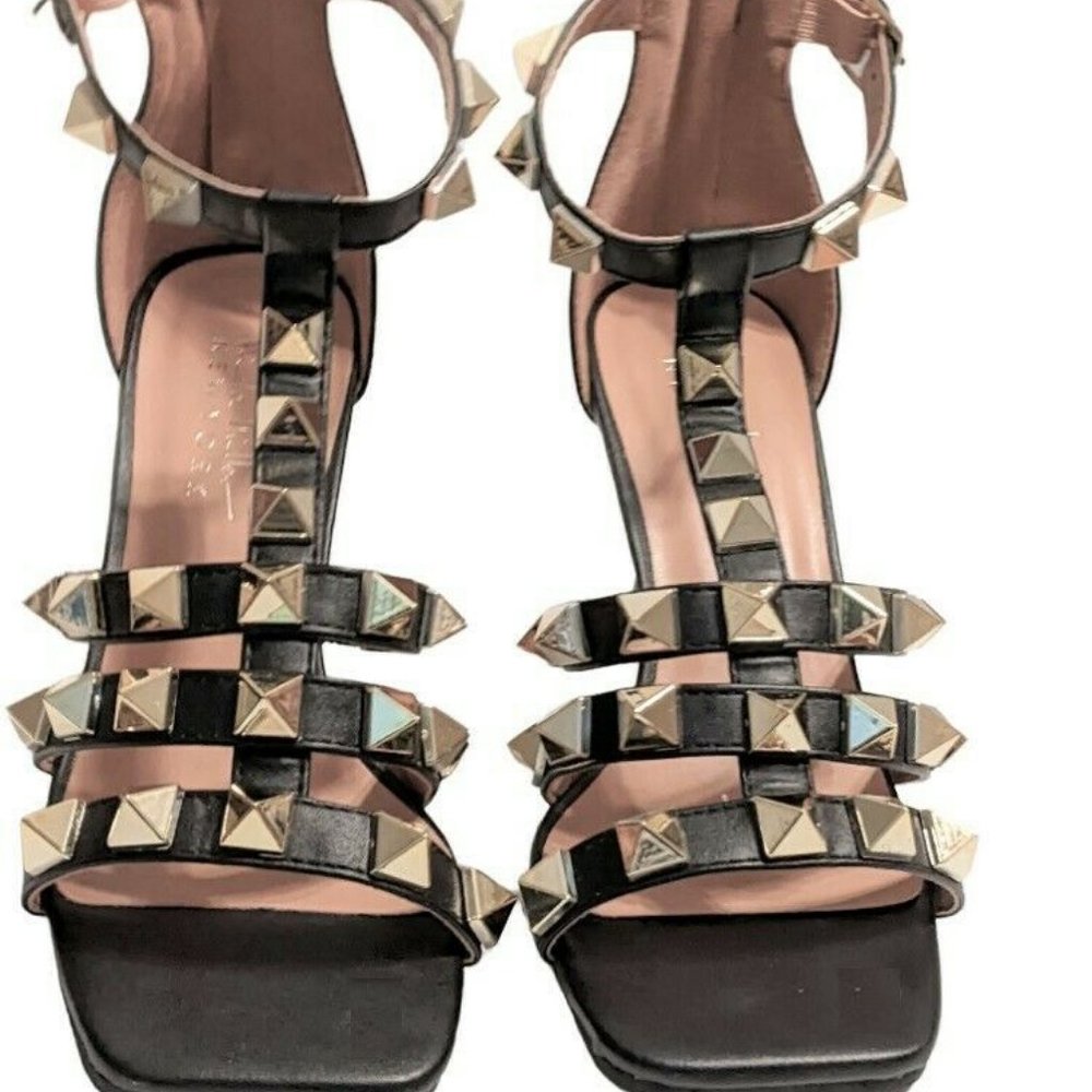 Nicole Miller Shirley Black Strappy Studded High Heel Sandals Size 8.5 NWT